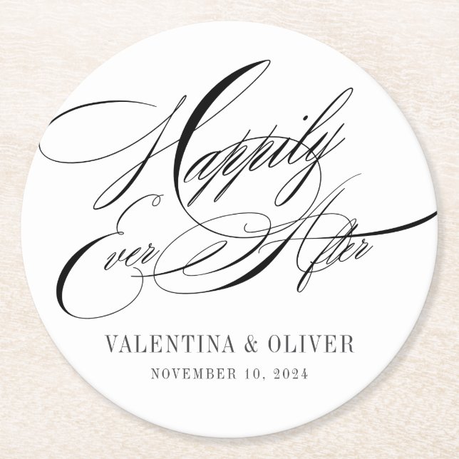 Elegant Happily Ever After Wedding Round Paper Coaster (Front)