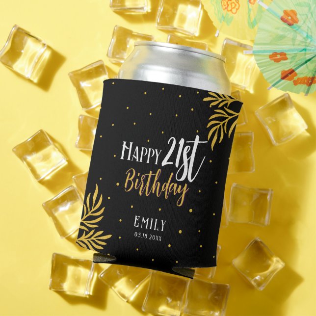 Elegant Happy 21st Birthday Gold Foliage Party Can Cooler (In Situ Summer)