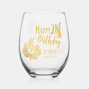 Elegant Happy 21st Birthday Gold Foliage Party Stemless Wine Glass
