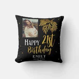 Elegant Happy 21st Birthday Gold Foliage Photo Cushion
