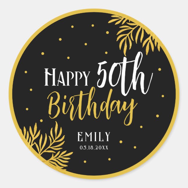 Elegant Happy 50th Birthday Gold Foliage Party Classic Round Sticker (Front)