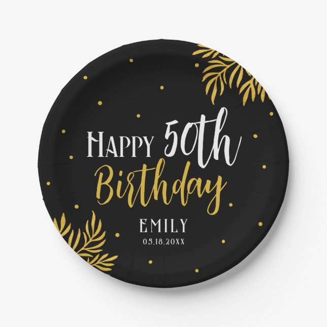 Elegant Happy 50th Birthday Gold Foliage Party Paper Plate (Front)