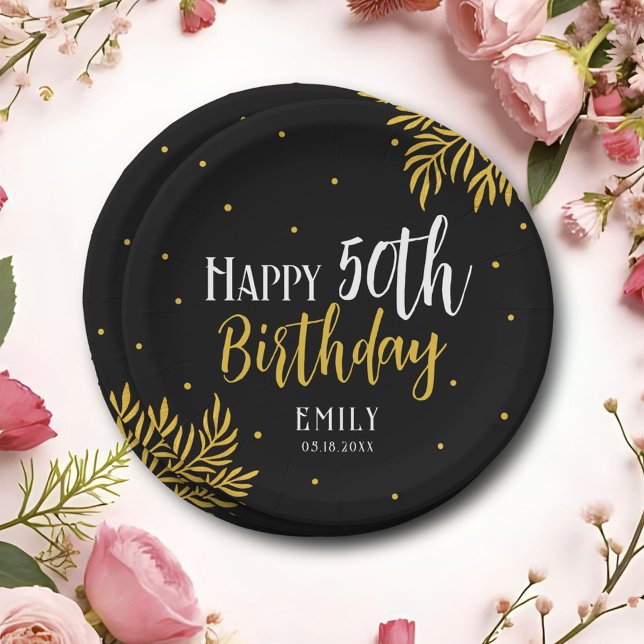 Elegant Happy 50th Birthday Gold Foliage Party Paper Plate (Creator Uploaded)