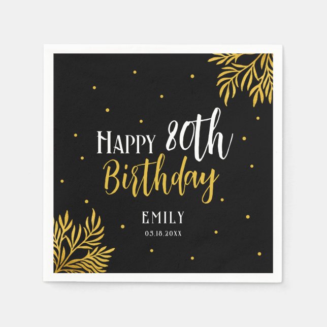 Elegant Happy 80th Birthday Gold Foliage Party Napkin (Front)