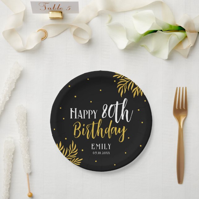Elegant Happy 80th Birthday Gold Foliage Party Paper Plate (Wedding)