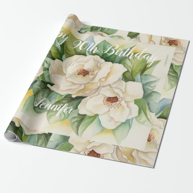  Elegant Happy 90th Birthday Floral White Name Wrapping Paper (Unrolled)