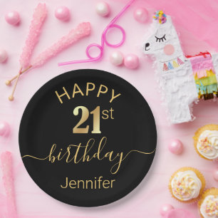 elegant happy birthday 21st gold black minimalist paper plate