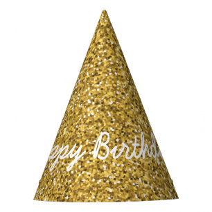 Elegant Happy Birthday in Faux Gold Glitters Party Hat