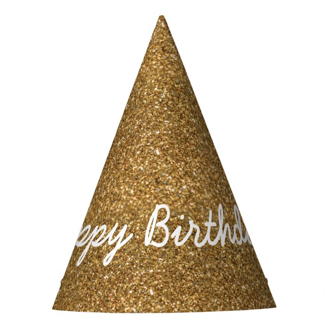 Elegant Happy Birthday in Faux Gold Glitters Party Hat (Front)