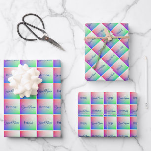 Elegant Happy Birthday Rainbow Art Squared Pattern Wrapping Paper Sheet