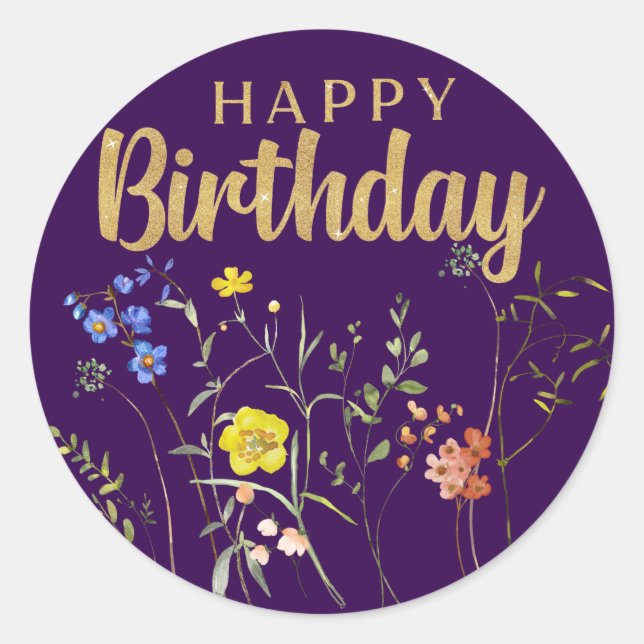 Elegant Happy Birthday Wildflowers Round Sticker (Front)