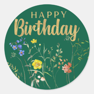 Elegant Happy Birthday Wildflowers Round Sticker