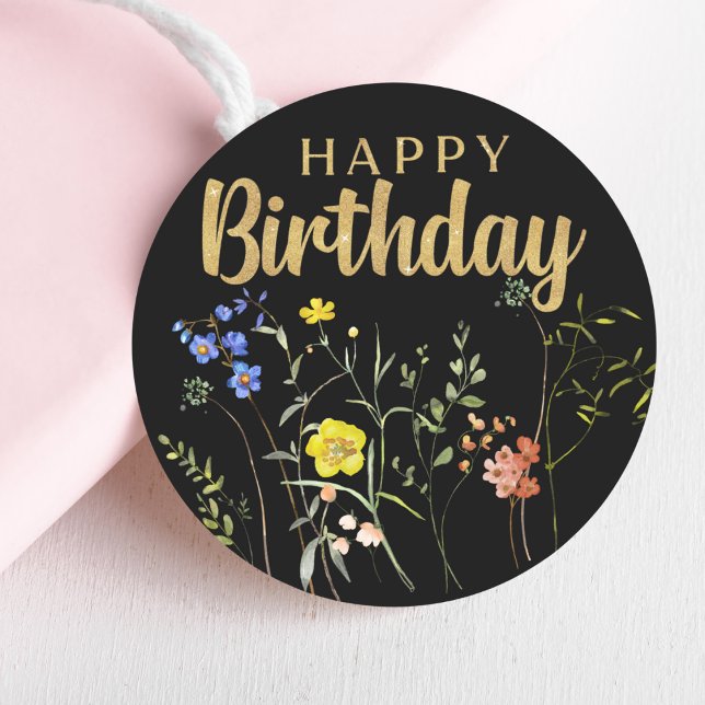 Elegant Happy Birthday Wildflowers Round Sticker (Elegant Happy Birthday Wildflowers Round Sticker Mockup 1)