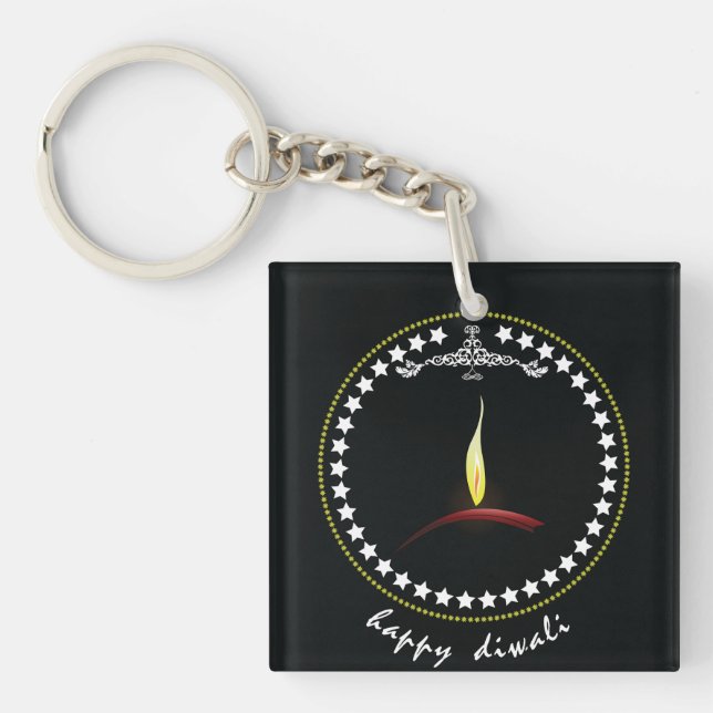 Elegant Happy Diwali Diya Flame Star Wreath Key Ring (Front)