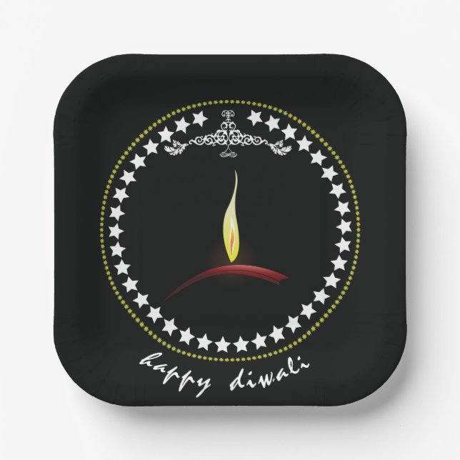 Elegant Happy Diwali Diya Flame Star Wreath Paper Plate (Front)