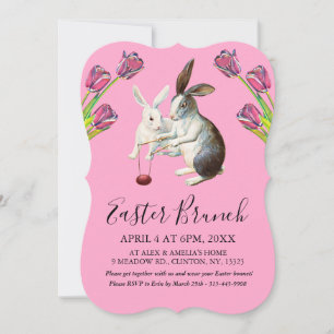 Elegant Happy Easter Bunnies Brunch Floral  Pink  Holiday Card