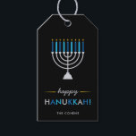 Elegant Happy Hanukkah Black with Silver Menorah Gift Tags<br><div class="desc">These modern,  elegant Hanukkah gift tags feature a silver Menorah with blue and turquoise candles and yellow gold flames on a black background.</div>
