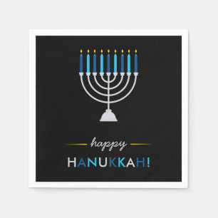 Elegant Happy Hanukkah Black with Silver Menorah Napkin