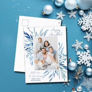Elegant Happy Hanukkah Blue Botanical Family Photo Holiday Postcard