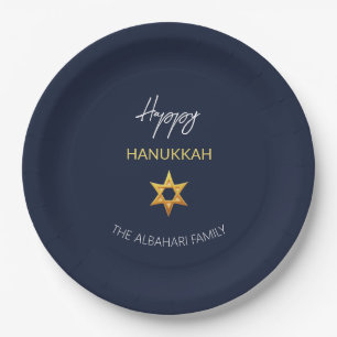 Elegant Happy Hanukkah Golden David Star Paper Plate