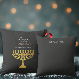 Elegant Happy Hanukkah Golden Menorah Cushion
