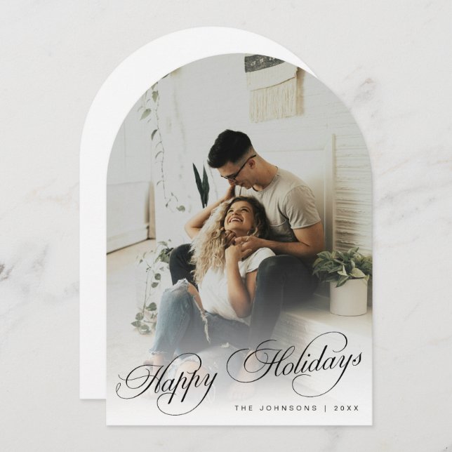 Elegant Happy Holidays Arch Photo Christmas Card (Front/Back)