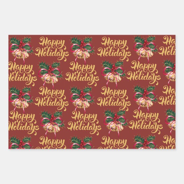 Elegant Happy Holidays Bells Wrapping Paper – Red  (Front)