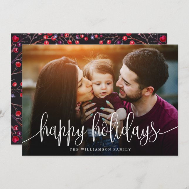 Elegant Happy Holidays Berries Back Photo White Holiday Card (Front/Back)