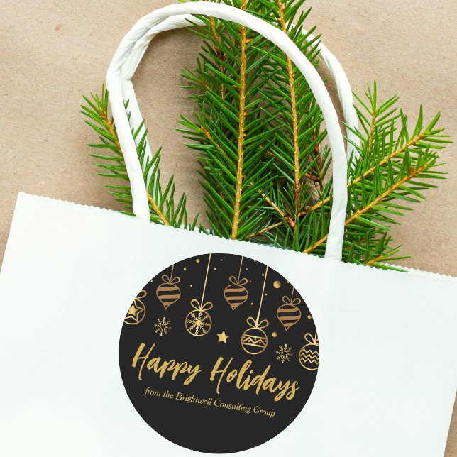 Elegant Happy Holidays Black Gold Custom Business  Classic Round Sticker (Creator Uploaded)