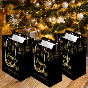 Elegant Happy Holidays Black Gold Custom Business Medium Gift Bag