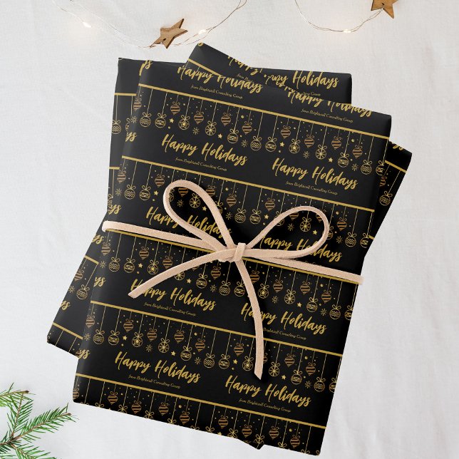 Elegant Happy Holidays Black Gold Custom Business Wrapping Paper Sheet (Creator Uploaded)