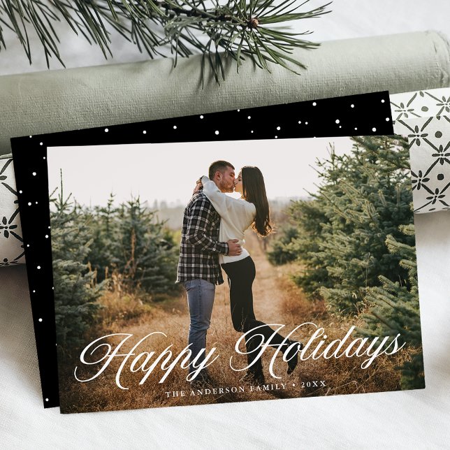 Elegant Happy Holidays Calligraphy Black Photo Holiday Card (Creator Uploaded)