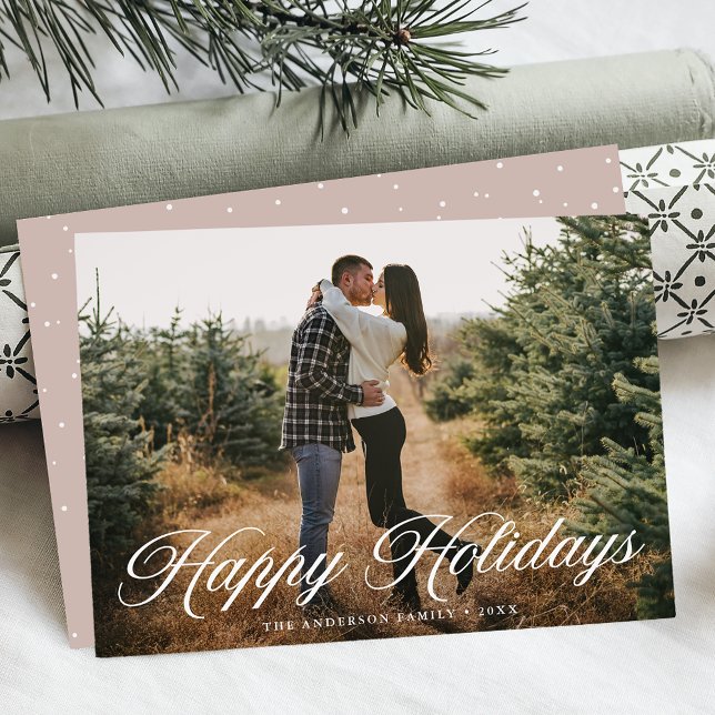 Elegant Happy Holidays Calligraphy Pale Rose Photo Holiday Card (Creator Uploaded)