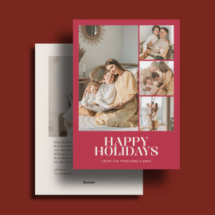 Elegant Happy Holidays Christmas 5 Photo Ivory Red Holiday Card