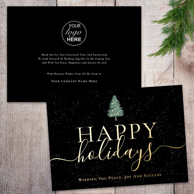 Elegant Happy Holidays Company  Logo Black & Gold Foil Holiday Card (Simple Christmas tree and lights happy holidays company logo black & gold foil business holiday card)