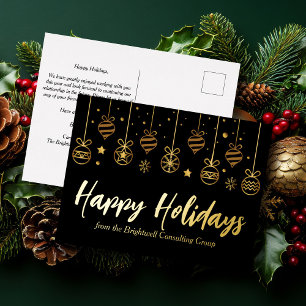 Elegant Happy Holidays Custom Business Black Gold Foil Holiday Postcard