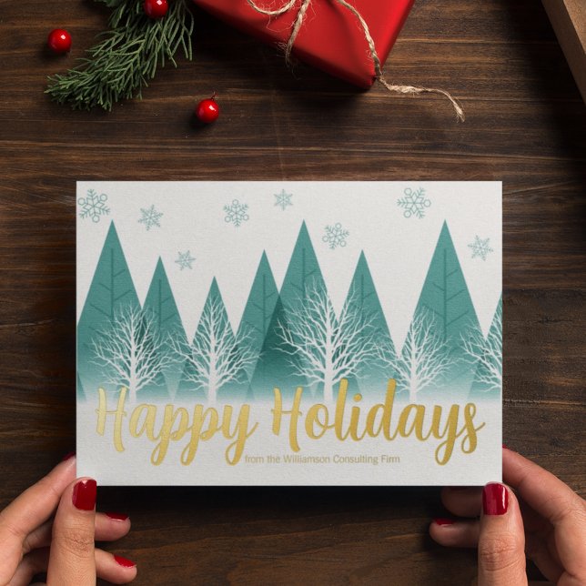 Elegant Happy Holidays Custom Green Forest Gold Foil Holiday Card (Creator Uploaded)