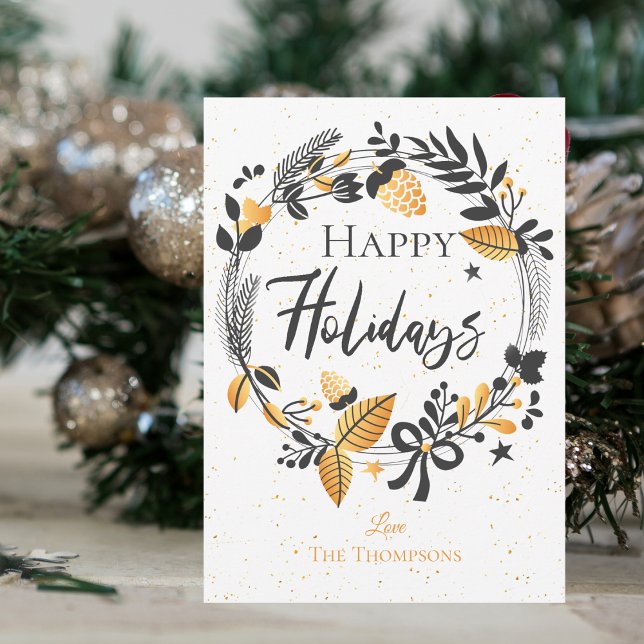 Elegant Happy Holidays Cute Yellow Black Wreath Card (Elegant Happy Holidays Cute Yellow Black Wreath Holiday  Note Card)