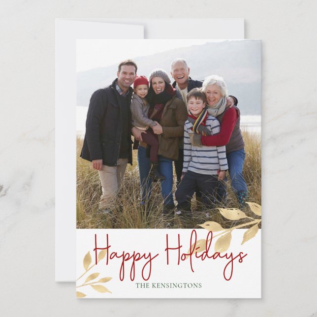 Elegant Happy Holidays Gold Leaves | Holiday Photo Card (Front)