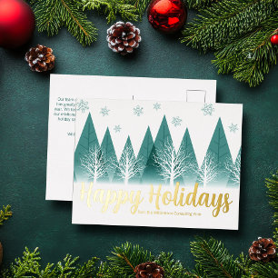 Elegant Happy Holidays Green Trees Custom Gold Foil Holiday Postcard
