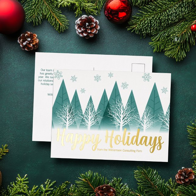 Elegant Happy Holidays Green Trees Custom Gold Foil Holiday Postcard (Creator Uploaded)