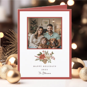 Elegant Happy Holidays Poinsettia Photo Christmas Holiday Card