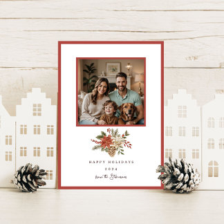 Elegant Happy Holidays Poinsettia Photo Holiday Card