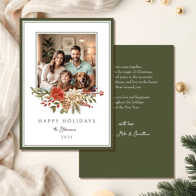 Elegant Happy Holidays Poinsettia Photo Holiday Card (Creator Uploaded)