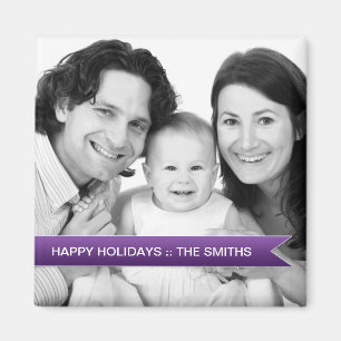 Elegant Happy Holidays Purple Ribbon Family Photo Magnet