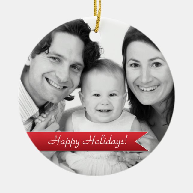 Elegant Happy Holidays Red Ribbon Family Photo Ceramic Tree Decoration (Front)