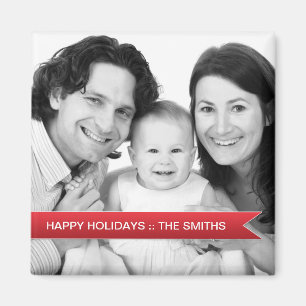 Elegant Happy Holidays Red Ribbon Family Photo Magnet