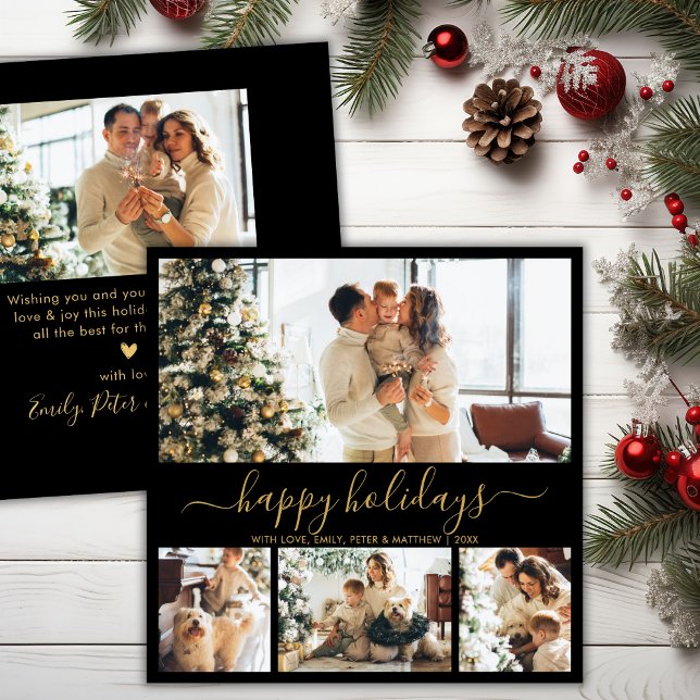 Elegant Happy Holidays Script Black Gold 5 Photo Holiday Card (Creator Uploaded)