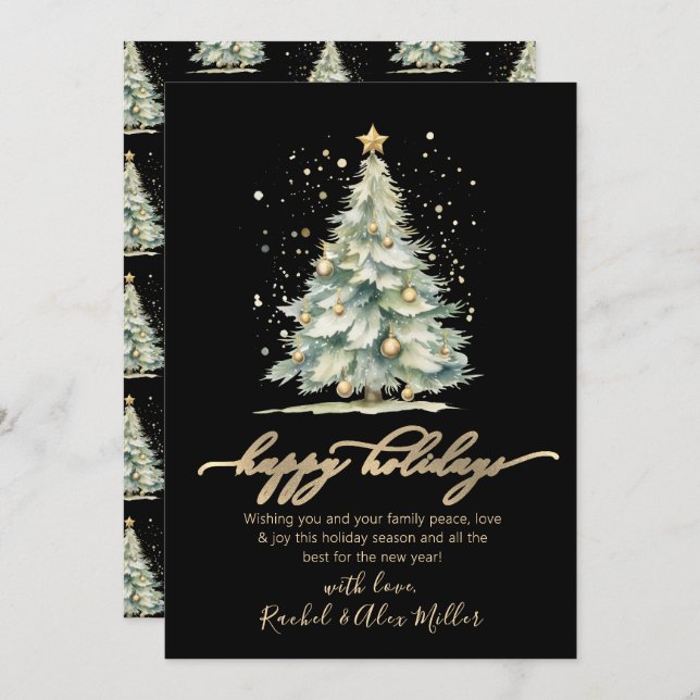 Elegant Happy Holidays Script Tree Non Photo Black Holiday Card (Front/Back)