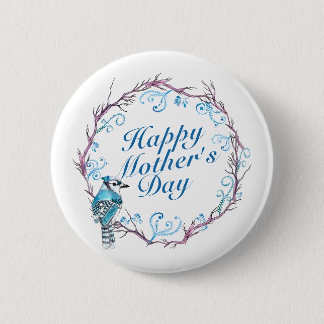 Elegant Happy Mother's Day Blue Wreath Button (Front)